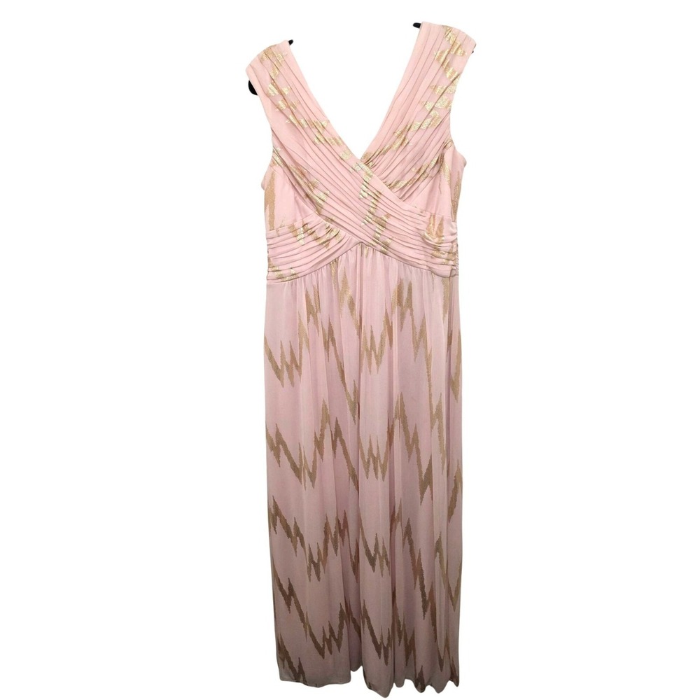 Sangria Women's Pink & Gold Zigzag Patterned Evening Gown Size 16 Sleeveless Ple